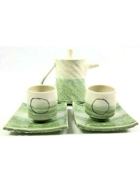 Asian-Inspired Ceramic Teapot Set With 2 Cups & Saucers Green & White
